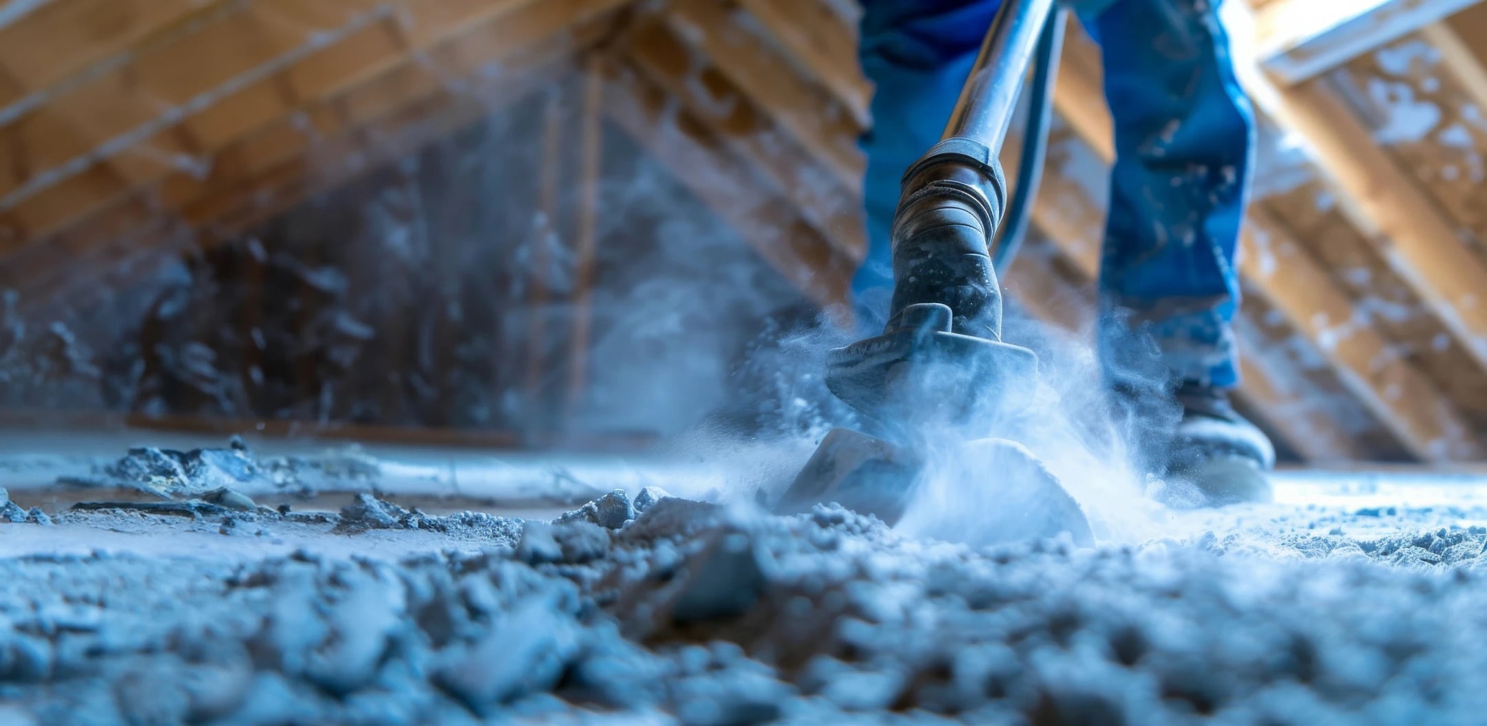 Vacuum equipment collecting old insulation in an attic